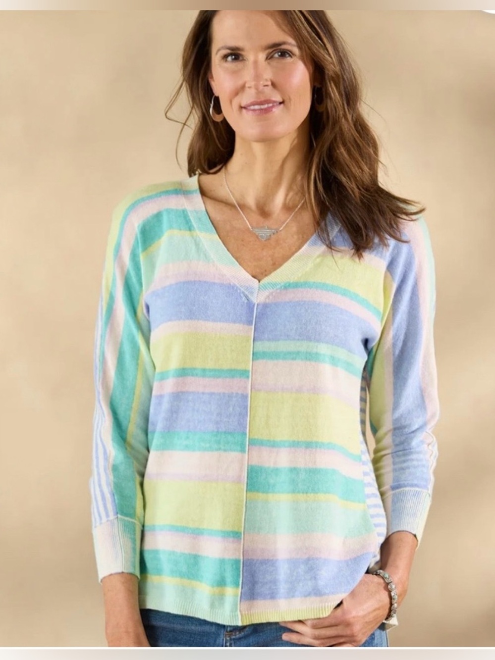 Sundance Johanna Striped Sky Sweater V-Neck Pastel Rainbow Colorful Size L